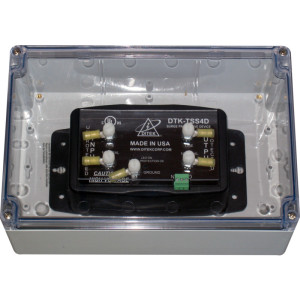Black rectangular module with a green LED indicator and screw terminals on top