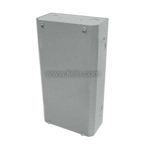 Narrow grey metal enclosure with a smooth front cover secured by screws and round knockouts on the sides