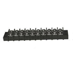 Black plastic terminal block with row of shiny metal screws for connecting wires