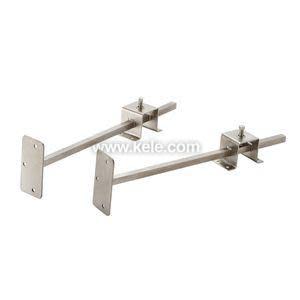 Two metal rod assemblies each with a rectangular base plate and adjustable clamp for attaching to equipment
