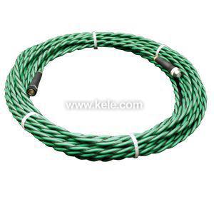 Coiled green cable with an integrated sensor wire and two plug ends