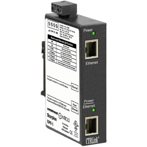 Black rectangular box with two network jacks stacked vertically and green status lights on the front