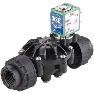 Black composite solenoid valve with large ridged inlet and outlet fittings and a green cube-shaped actuator marked NSF on top.