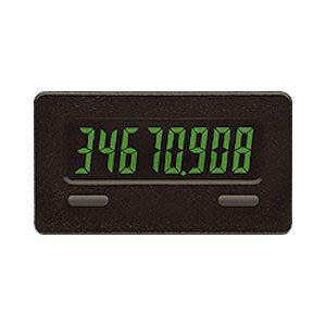 Black rectangular meter showing green seven-segment digits and two small recessed buttons beneath the display