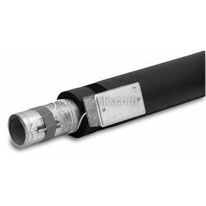 Insulated black pipe with a silver cylindrical sensor strapped against it; a small rectangular metal box with cable emerges from the clamp.