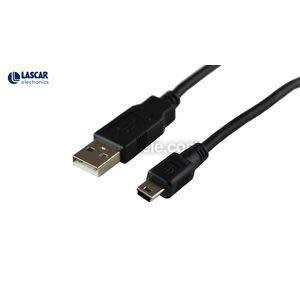 Black data cable featuring a standard rectangular USB Type‑A plug on one end and a smaller mini‑USB plug on the other.
