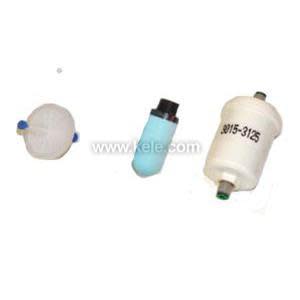 Three components: a foam float, an angled brass fitting and a small cylindrical filter/drier