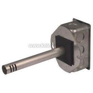 Grey metal box with a green terminal block and a long cylindrical probe