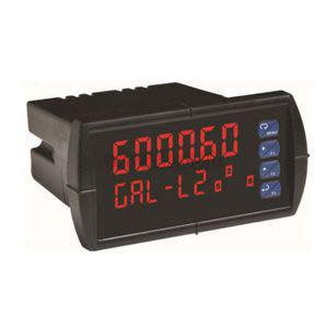 Black panel meter with red LED digits and blue buttons