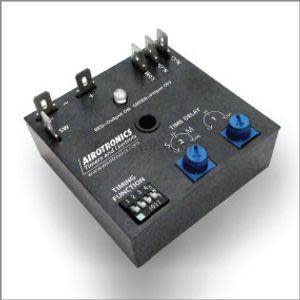 Grey relay module with blue dial settings and terminals