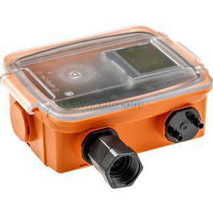 Orange rectangular pressure sensor with transparent lid showing a small digital display and black conduit fittings