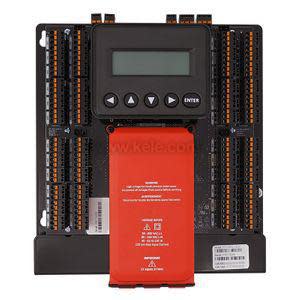 Black control board filled with terminal rows, a central screen with arrow buttons and a red removable module at the bottom