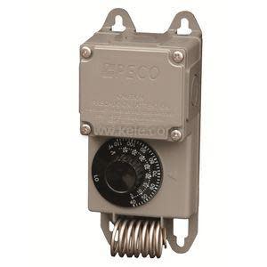 Grey rectangular box with a round setpoint dial and a long copper sensing coil