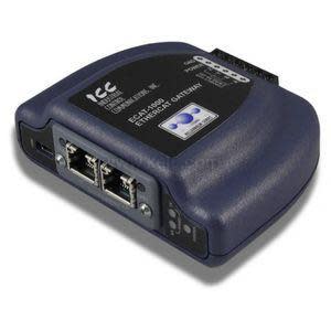 Small blue Ethernet gateway with two RJ45 ports and terminal connectors.