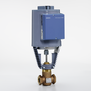 Large golden valve with flanged ports and a grey-blue motor housing perched atop.