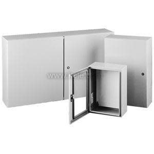 Three grey rectangular electrical cabinets; one is open on its hinge showing empty interior and two are closed