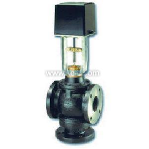 Dark flanged valve body with an electric actuator housing on top, colored black and blue.