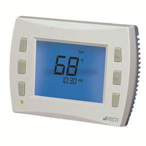 Grey thermostat with a rectangular blue display and six circular buttons