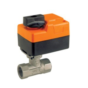 Short metal valve body with an orange and black rectangular actuator on top and a black knob for manual control.