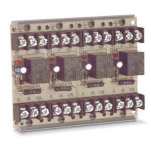 Tan printed circuit board containing four black relays, each with an indicator LED, and many screw terminals on top and bottom