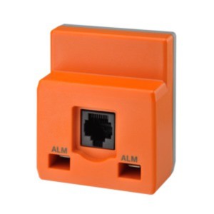 Compact orange device with a central rectangular socket for an RJ45 connector and two smaller square slots labelled 'ALM'