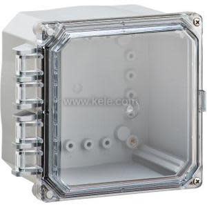 A small square gray electrical box with a transparent hinged front cover and a row of rectangular loops along the left edge, shown against a white background.