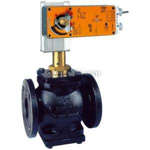 Large black flanged control valve with brass stem and orange Belimo actuator attached to top