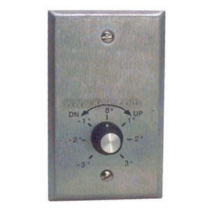 Rectangular stainless steel wall plate featuring a central circular knob surrounded by markings indicating degrees for increasing or decreasing.