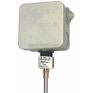 Square grey weatherproof housing with long stainless steel temperature probe extending from the bottom