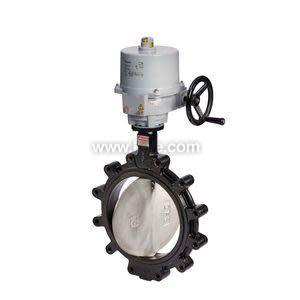 Grey electric actuator with a side handwheel controlling a large black lugged butterfly valve and circular disc