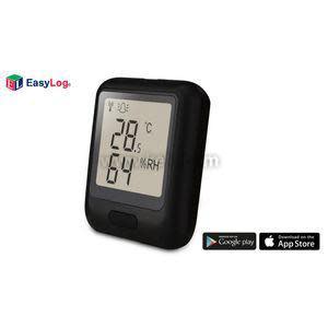 Black environmental sensor showing 28.5 degrees Celsius and 64 percent relative humidity.