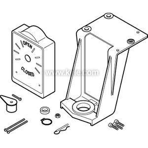 line drawing of a valve position indicator kit including a mounting bracket, a sign showing open/closed positions, a handle, and various screws, washers, and pins