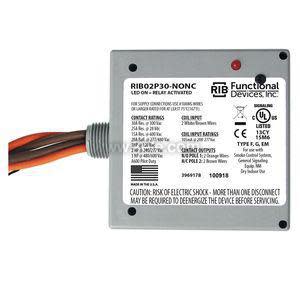 Square grey relay device labelled RIB02P30-NONC with a printed specification label and coloured wires coming out of the left side.