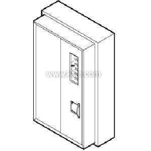 Outline drawing of a metal cabinet with a hinged panel and side plates.