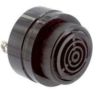 Small round black buzzer with concentric circles on front and rear electrical pin.