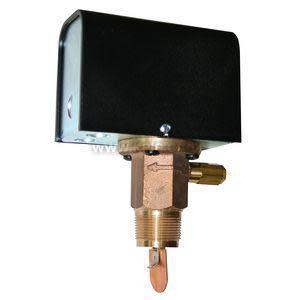 Flow switch with black top, brass body and copper paddle.