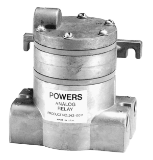Black-and-white image of a cylindrical metal device labeled 'Powers Analog Relay' with flanges and screws on top.