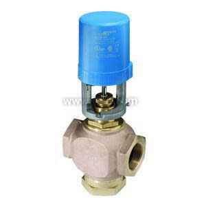 Cross-shaped brass valve with three ports topped by a tall blue actuator.