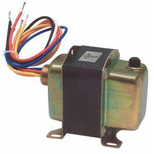 Compact transformer with metal casing and multiple colored wire leads.