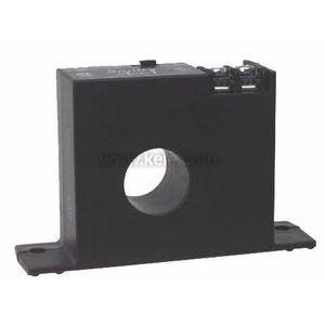 Black rectangular current sensor with central hole and top screw terminals.