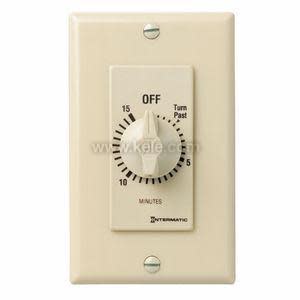 A light beige wall timer with a 15-minute dial and an off indicator above the knob.