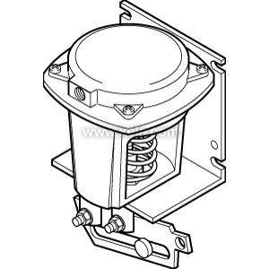 Black-and-white technical illustration of a round-top housing with an exposed coil spring inside, attached to an angled mounting bracket with bolts
