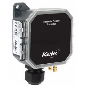 Black Kele differential pressure transmitter with clear cover and two small brass pressure ports at bottom