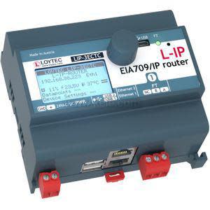 Grey rectangular networking device with small display screen and row of communication terminals.