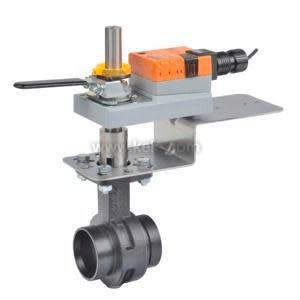 A small industrial ball valve with grooved ends, fitted with a gray and orange electric actuator and a lever handle on top, attached to a metal mounting plate, against a white background.