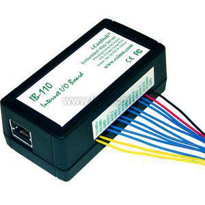 Small rectangular device labeled IB-110 with an RJ45 network jack and multiple colored wires extending from one end.