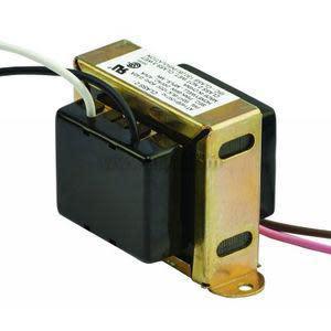 Compact power transformer with a gold‑colored mounting bracket and multiple colored wires emerging from its black insulated core.