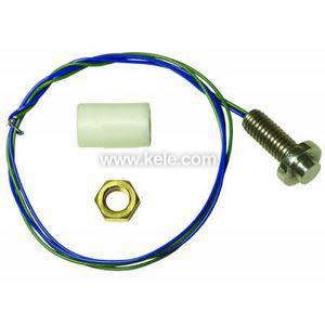 Small kit with a metal bolt attached to two thin wires, a white cylindrical insulator and a golden hexagonal nut.