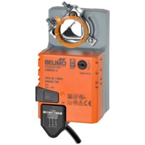 Actuator with orange clamp ring and orange box with manual knob mounted on grey base