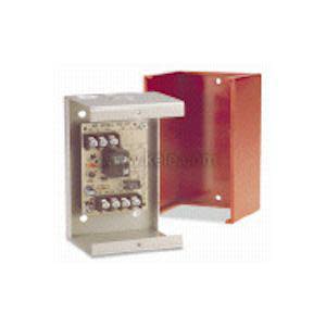 Small beige plastic box with a red flap on the front, containing electrical connections.